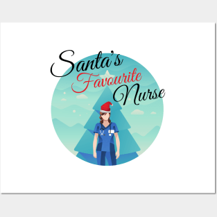 Santa's favourite Nurse - funny festive Nurse design with nurse in scrubs and Santa hat in front of a Christmas tree Posters and Art